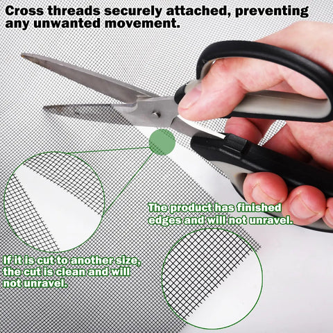 Close-up of scissors cutting Extra Thick Garden Mesh Netting 6.6 X 33 Ft Mosquito And Bird Barrier for Veggies with Nano Composite Weave