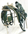 Olive Green Nylon Driving Harness With Brass Plated Fittings And Diamond Chain Browband And Noseband Beige Patent Piping Full Cob