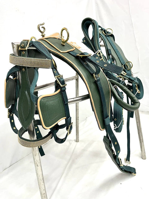 Olive Green Nylon Driving Harness With Brass Plated Fittings And Diamond Chain Browband And Noseband Beige Patent Piping Full Cob