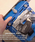 Kreg KMA2400 Rip-Cut circular saw guide in blue with ruler scale and adjustment knobs attached to a circular saw