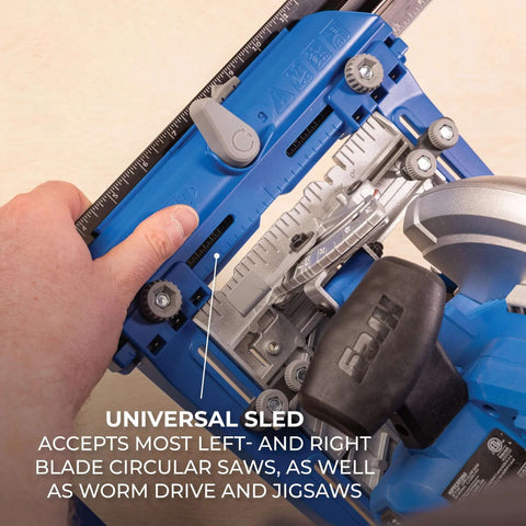 Kreg KMA2400 Rip-Cut circular saw guide in blue with ruler scale and adjustment knobs attached to a circular saw
