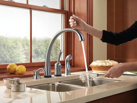High-arc faucet and Pilar Kitchen Soap Dispenser For Sinks High Arc Design Arctic Stainless 13 Ounce Refillable Bottle on kitchen counter
