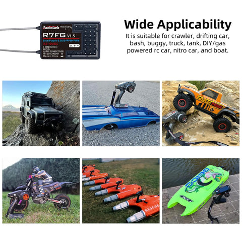 R7FG 7 Channel RC Gyro Receiver With Long Range FHSS Telemetry Water Splash Proof in various RC vehicles and boats