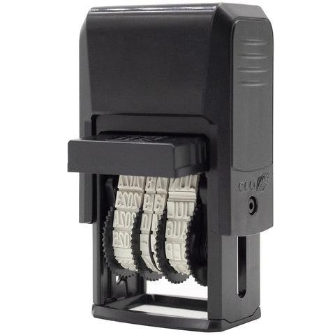 Side view of D50 Self Inking Date Stamp With Emailed Date Feature Two Color Blue And Red Ink Pad 5/32 Inch Date Size Reinkable 12 Year Date Band