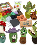Needle Felting Kit For Cactus And Succulents with wool roving, needles, foam pad, clay pots, and whimsical felt plant designs.
