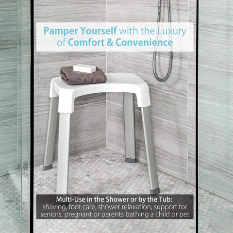 Indoor Shower Bench With Extra Large Non Slip Seat And Spa Vibe At Home Rustproof Aluminum Legs Waterproof Stool For Shaving And Relaxing Grippy Non Slip Feet Built In Drain Handle Holds Up To 300 Pounds Easy Tool Free Assembly in modern shower setting