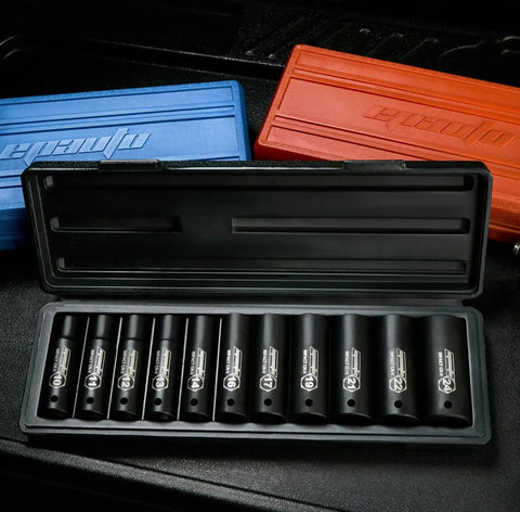 Open case showing Half Inch Drive Metric Deep Impact Socket Set Workhorse For Tough Jobs CrV 6 Points 11 Socket Kit with finishes
