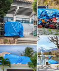 Heavy Duty Waterproof Tarp 16x20 Foot Poly Tarpaulin 16 Mil Thick With Metal Grommets Every Nineteen And A Half Inches in use outdoors.