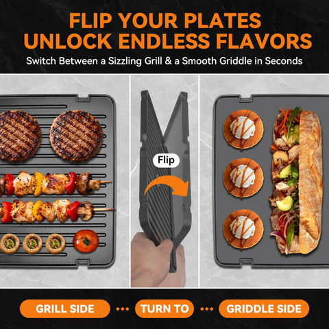 Bakers Friend 4 Slice Panini Press Grill Cheese Sandwich Maker Electric Indoor with Temp Control Opens 180 Degrees Dual Non Stick Reversible Plates showing grill and griddle sides.