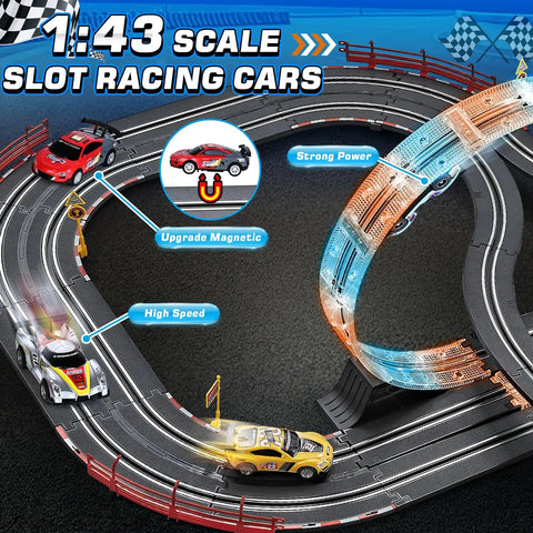 Epic Slot Car Race Track Set With Four Cars Battery Or Electric Power Glow Lights Circular Overpass Dual Lap Counter