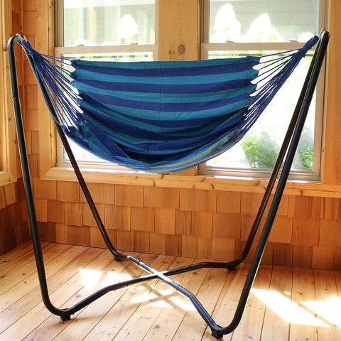 Hanging Hammock Chair With Space Saving Stand For Indoor Or Outdoor Use Cotton Seat Comfort 330 Pound Capacity Beach Oasis Vibes