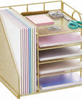 Five Tier Desktop File Organizer With Magazine Holder In Gold Finish, holding books and office supplies, non-slip feet visible