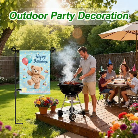 Heavy Duty Garden Flag Stand With Collapsible Steel Holder Pole Weatherproof Coating And Locking Spring Clips For Top Tier Outdoor Decor Without The Flag Hassle Free Setup Yard Ready Gear with birthday flag and grilling setup.
