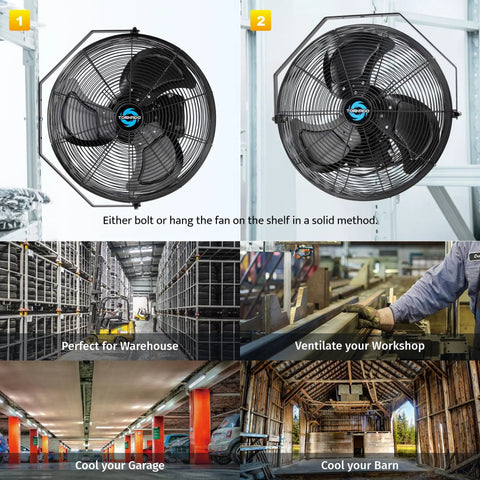 Outdoor 18 Inch High Velocity Metal Wall Mount Fan IPX4 Water Resistant With 3 Speed Settings in various installations