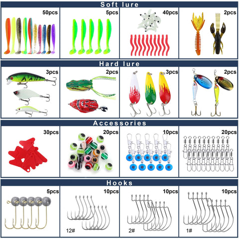 All In One 220 Piece Fishing Lures Kit Box With Soft Plastics Hooks Swimbaits Crankbaits Jigs And Accessories For Bass Crappie And Panfish Travel Ready Tackle Gear Set Great Gift For Men showing lures, hooks, and accessories in compartments.