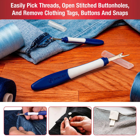 Blue And White Comfort Grip Seam Ripper Set Two Piece Sewing Tool Kit For Removing Stitches Opening Buttonholes And Fabric Repairs