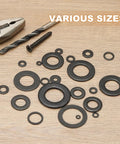 80Pcs M6 Stainless Steel Washers Kit With 6x10x1mm Flat And Crush Sealing Washers, 304 Stainless Steel Gasket Rings For Screws Bolts Automotive Projects, Black Zinc Plated Burr Free And Durable, various sizes on wood surface