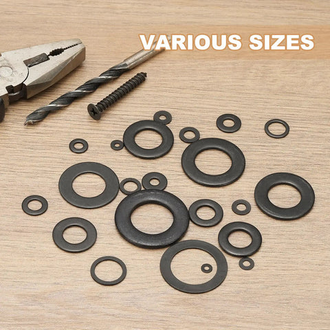 80Pcs M6 Stainless Steel Washers Kit With 6x10x1mm Flat And Crush Sealing Washers, 304 Stainless Steel Gasket Rings For Screws Bolts Automotive Projects, Black Zinc Plated Burr Free And Durable, various sizes on wood surface