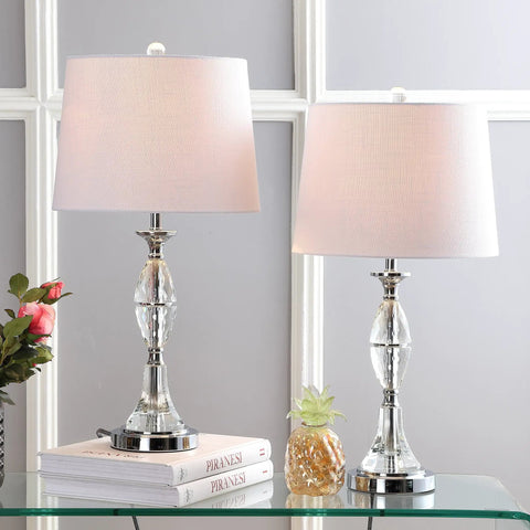 Crystal Glass Table Lamps Set Of 2 With Clear Chrome Finish, White Linen Drum Shade, Classic French Country Vibe, on glass table