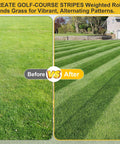Pro Grade Lawn Striping Kit For 50, 54, 60 Inch Deck Zero-Turn Mowers Easy Install Works With Cub Cadet ZT1 ZT2 ZT3 And Troy-Bilt Series Durable Mounting For Crisp Professional Lawn Stripes shown in a before and after comparison on a lawn with alternating stripes.
