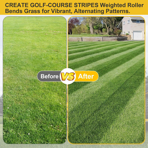 Pro Grade Lawn Striping Kit For 50, 54, 60 Inch Deck Zero-Turn Mowers Easy Install Works With Cub Cadet ZT1 ZT2 ZT3 And Troy-Bilt Series Durable Mounting For Crisp Professional Lawn Stripes shown in a before and after comparison on a lawn with alternating stripes.
