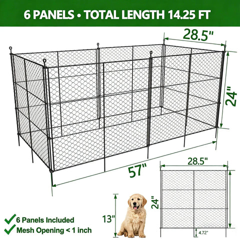 Diagram of Six Panels Black Chicken Wire Garden Fence Set Keeps Critters Out Of Veggies And Lets You Shape It Into Rectangles Or Squares Includes Stakes For Raised Beds with dimensions shown.