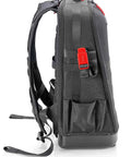 Side view of Modular X18 Tool Backpack with 21 loops, 37 pockets, waterproof molded shell for upright opening, rugged pro grade organizer.