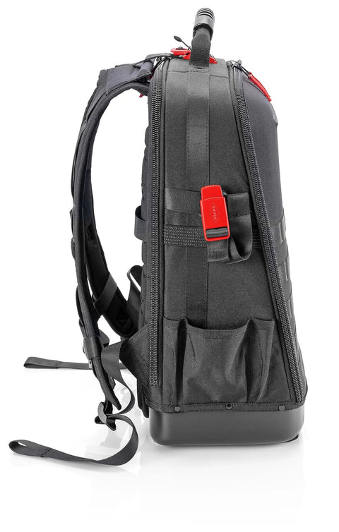 Side view of Modular X18 Tool Backpack with 21 loops, 37 pockets, waterproof molded shell for upright opening, rugged pro grade organizer.