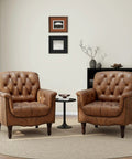 Faux Leather Accent Chairs Set Of 2 For Living Room And Bedroom - Comfy Club Armchairs With Button Tufting, Brown Upholstery, Retro Modern Vibe