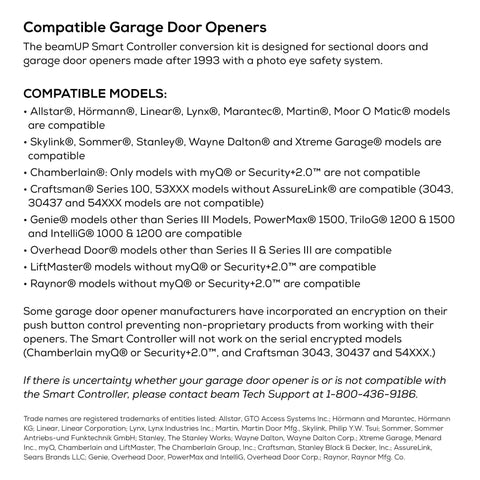Smart Garage Door Opener Controller With WiFi Upgrade compatibility list showing compatible garage door models and brands.