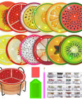 Diamond Art Coaster Kit With Holder, 12 Piece DIY Diamond Dot Coasters For Adults And Newbies, Includes Cork Bases, Colorful Diamonds, Glue, Pen, Tray, Holder And All Accessories, Fruit Style Craft Project displayed with coasters and kit.