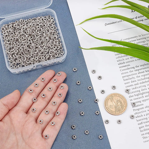 600pcs Flower Spacer Beads Daisy Metal Spacers Antique Silver Petal Beads for Earring Bracelet Necklace Jewelry Making, 5.5x2mm Large Hole 1.8mm