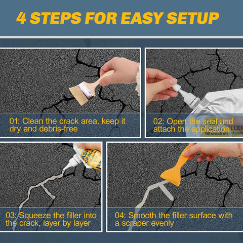 Heavy Duty Concrete Crack Filler Seals Cracks Fast, Waterproof Cement Repair application steps with brush and tools