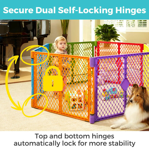 2 Panel Extension For Superyard Playpens Adds Extra Space To Your Baby Play Yard From 6 To 8 Panels Expands To About 7 Feet Across 65.5 Inch Length Colorplay, showing locked hinges in vibrant colors with a child playing inside.