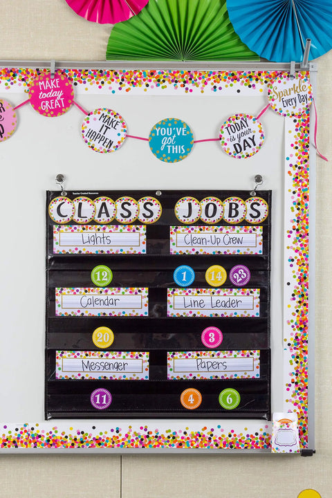 Bulletin board with class jobs chart and confetti design name tags for classroom use organizing learning centers.