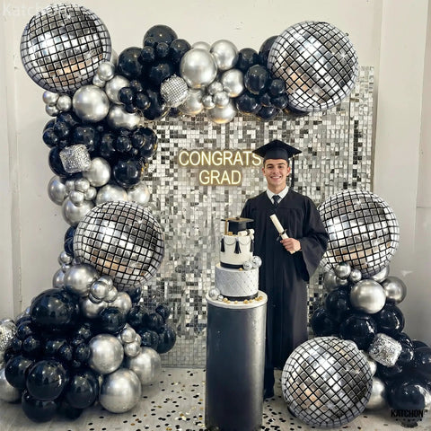 Graduation party with Showstopping 22 Inch Silver Disco Balloons Pack of 6 4D Sphere Balloons for Disco Party Decorations.