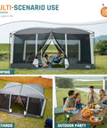 Big 13x9 Screen House Tent With Mesh Gazebo And 2 Magnetic Doors in outdoor settings for camping and hangouts with people enjoying.
