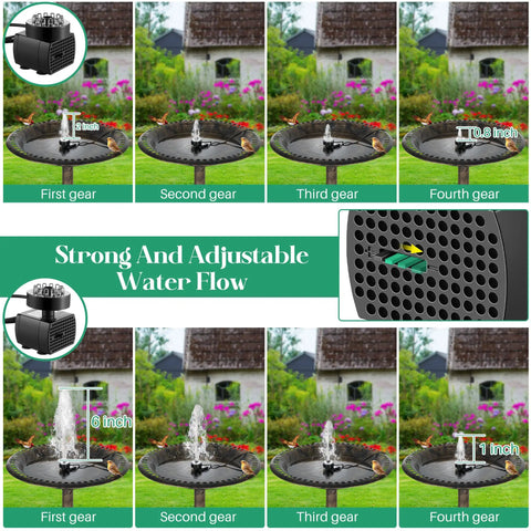 Bird Bath Fountain Kit With 12 LED Lights And A 24 Hour Submersible Pump With Light showing adjustable water flow settings
