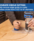 Person using Top Shelf Trim Router Edge Guide With An Ergonomic Grip for precise circle cutting on wood.