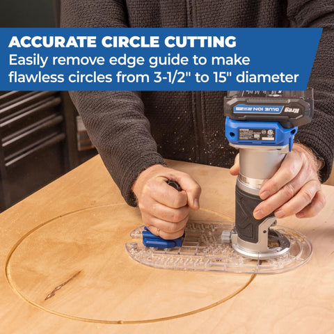 Person using Top Shelf Trim Router Edge Guide With An Ergonomic Grip for precise circle cutting on wood.