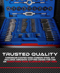 Beast 110 Piece Metric Tap And Die Set For Threading Bolts And Pipes with case displayed in blue holder, tools arranged neatly.