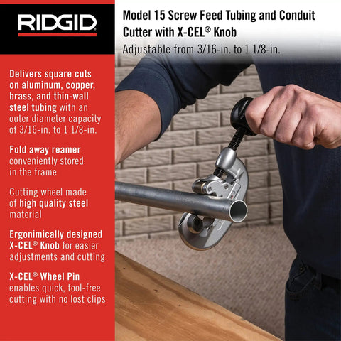Pro Grade Screw Feed Tubing Cutter With Foldaway Reamer, 3/16 To 1-1/8 Inch Capacity, Cuts Copper, Brass, Aluminum, And Thin Wall Steel, Ergonomic Xcel Knob For Quick, Clean, Square Cuts
