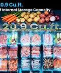 20.9 Cubic Foot stainless steel commercial undercounter refrigerator showcasing fresh produce and various meats.