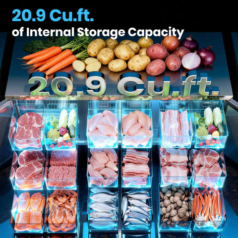 20.9 Cubic Foot stainless steel commercial undercounter refrigerator showcasing fresh produce and various meats.