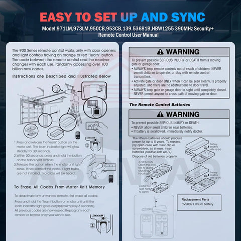 User manual for Two Pack Sears Craftsman Garage Door Opener Remote Replacement For 139.53681 And 139.53680 showing setup guide.