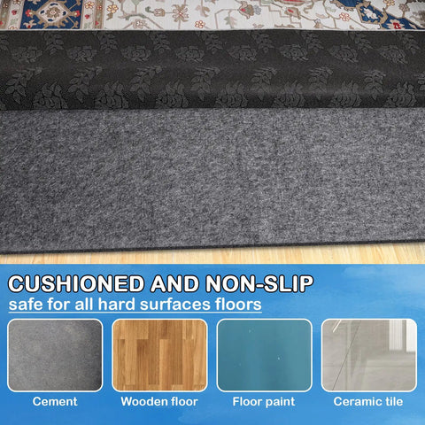 Ultra Thick Quarter Inch Non Slip Rug Pad Six By Nine Feet Waterproof Felt With TPR Backing on various floors