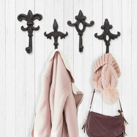 Built Like A Tank Cast Iron Wall Mount Key Hooks For Entryway And Garage Featuring Classic Fleur De Lis Charm Dark Brown Coat with hat and bag