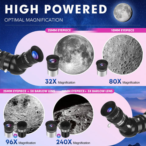 High Powered 90mm Refractor Telescope for Adults and Beginners, 800mm Focal Length, eyepieces and lenses for magnification levels.