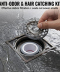 Person installing 2 Inch Shower And Floor Drain Seal With Magnetic Backflow Prevention Core Hair Catcher And Automatic Odor Blocking Check Valve for bathroom drain.
