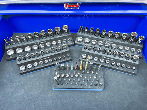 All In One Socket Organizer For 1/4 And 3/8 Drives With SAE And Metric Sizes, Deep And Standard Sockets, Includes A 50 Bit Hex Holder